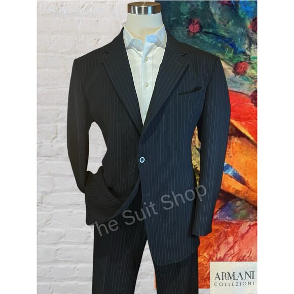 Armani Collezioni Mens 46L 36x31 Black Stripe Designer Suit Stretch 3/2 Roll - Picture 1 of 16
